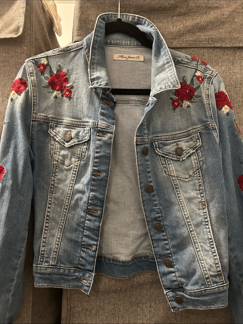 Mavi Light Blue Denim Jacket with Red Rose Embroidery